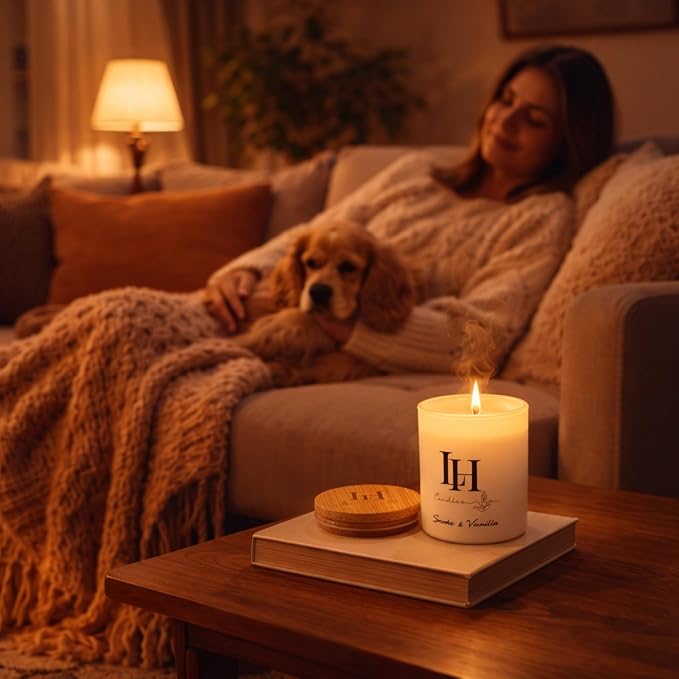 LH Smoke and Vanilla Scented Candle - Soy Wax Natural Candle - Relaxing Gifts for Women - Long Lasting Tobacco Vanilla Bean and Sandalwood Highly Scented Candles for Home Decor