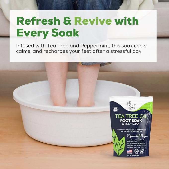 FOOT CURE Tea Tree Oil Foot Soak with Epsom Salt - Best Toenail Fungus Treatment, Athletes Foot & Softens Calluses - Soothes Sore & Tired Feet, Fungal Toe, Foot Odor Scent, Spa Pedicure (Pack of 2)