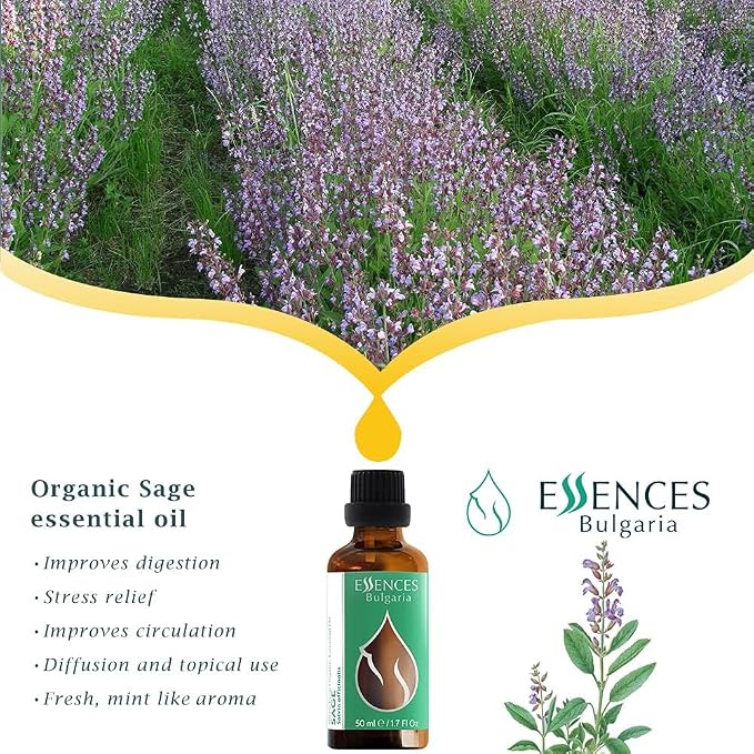 Essences Bulgaria Organic Sage Essential Oil 1,7 Fl Oz | 50ml | Salvia officinalis | 100% Pure and Natural | Undiluted | Therapeutic Grade | Family Owned Farm | Steam-Distilled | Non-GMO | Vegan