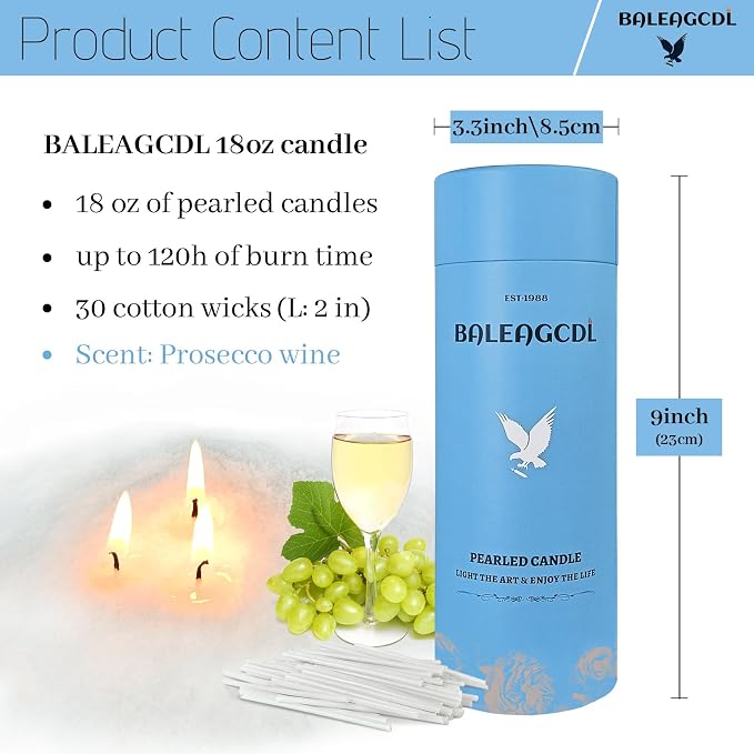 Prosecco Dawn Pearled Candle 18 Oz with 30 Wicks - Prosecco Wine Scented Sand Candles White Refillable Wax Lasts Up to 120 Hours Smooth and Clean Burning for DIY Candle Making