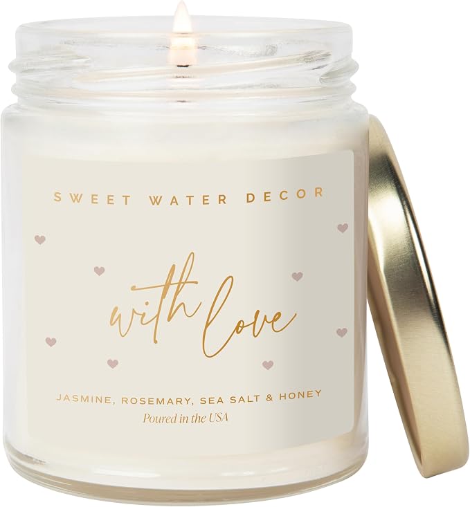 Sweet Water Decor with Love Candle, Thoughtful Gift, Jasmine, Rosemary, Sea Salt & Sweet Honey Scented Soy Wax Candle for Home, Wedding Gift, 9oz Clear Jar, 40 Hour Burn Time, Made in the USA