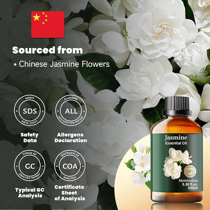 Jasmine Essential Oil, Pure Mumianhua Natural Oil for Bedtime Sanctuary & Pillow Mist, Luxurious Floral Aroma for Evening Wind‑Down, Diffuser, Skin, Hair – 3.38 Fl Oz