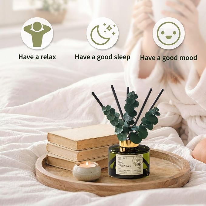 Airkeep Reed Diffuser Set with 6.76 fl oz Pure Gardenia Scent Essential Oils and 3 Leaves & 8 Diffuser Sticks,Bathroom Shelf Decor & Air Freshener, House Bedroom Office Decor & Gifts