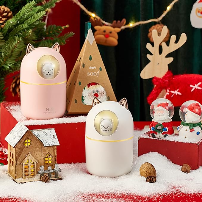 Small Humidifier Cute Portable Cool Mist 300ML 7 Color Night Light USB Air Humidifier for Bedroom Office Desk Car Plants Travel (Pink)