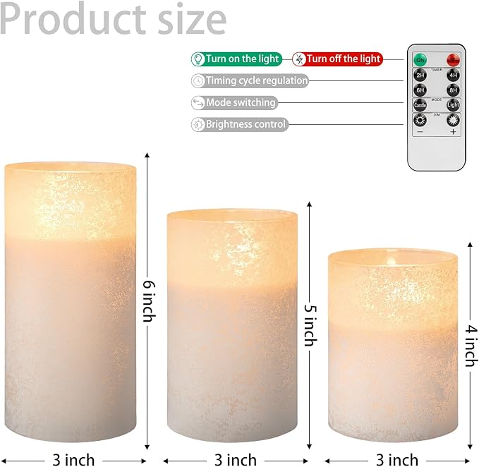 ANGELLOONG White Candles Battery Operated, White Flameless Candles with Remote, Set of 3 Spring Electric Fake LED Pillar Candle in Glass for Home Decor Wedding Decoration
