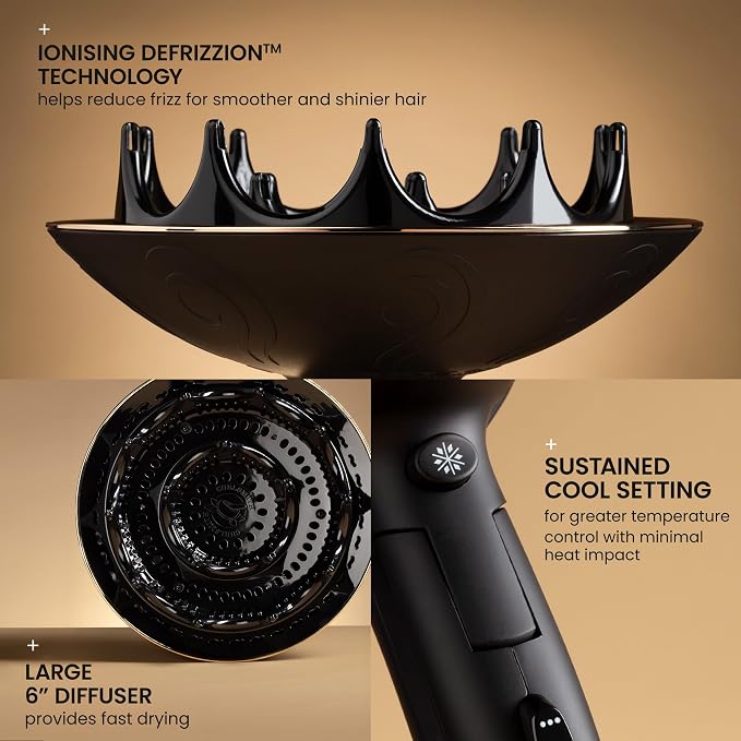 Curlsmith Defrizzion Travel Hair Dryer with Large Diffuser - for Curly Hair, Reduce Frizz, 3 Speeds, 3 Heat Settings, Infared, Ceramic Heat for Fast Drying
