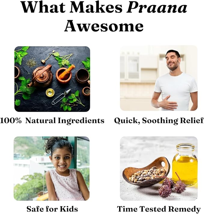 Praana Digestive Support Essential Oil Roll On for Gut Health, Bloating, Gas, Tummy Ache & Constipation Relief - Asafoetida, Fennel, Ginger, Castor Oil, Peppermint -10ml/0.33 fl oz