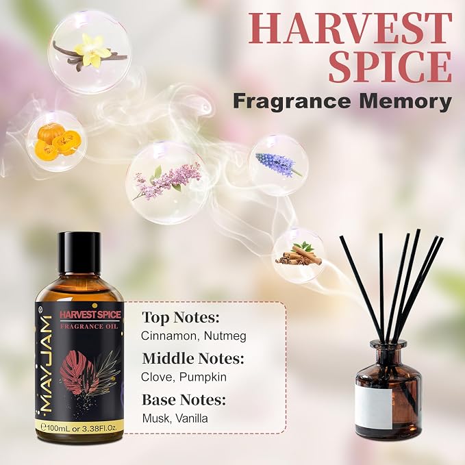 Harvest Spice Fragrance Oil Essential Oil, MAYJAM 3.38FL.OZ Harvest Spice Oil for Diffusers for Home, Long Lasting Scented Oils for Soap Candle Making - 100ML
