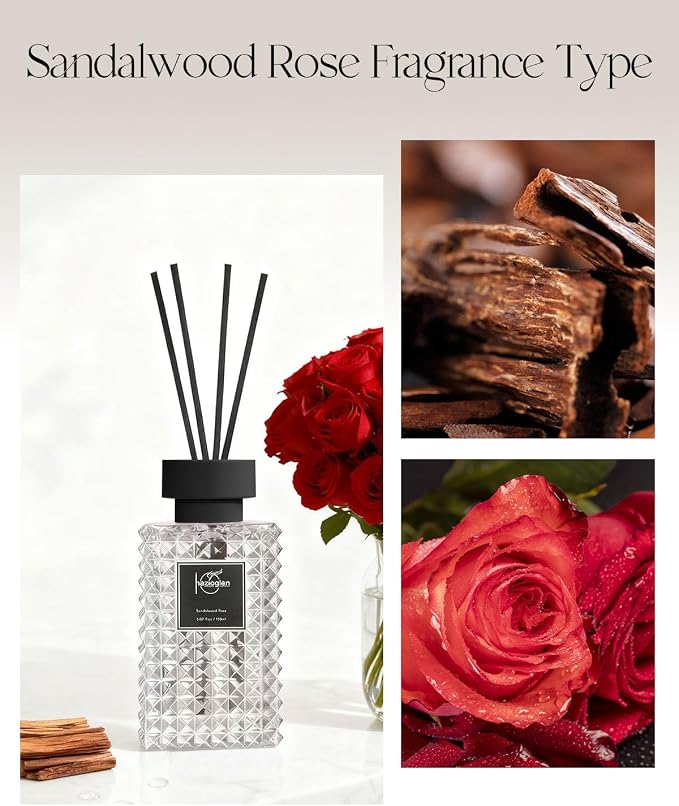 Reed Diffuser Set, Sandalwood Rose Scented Home Fragrance Air Freshener for Bathroom Shelf Decor, 5.07 fl oz/150ml Essential Oil with Sticks