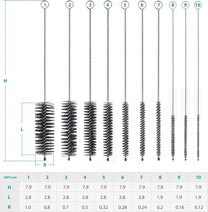 CiaraQ Bottle Cleaning Brushes, 8 Inch Nylon Tube Brush Set, Cleaner for Narrow Neck Bottles Cups with Hook, Set of 10pcs
