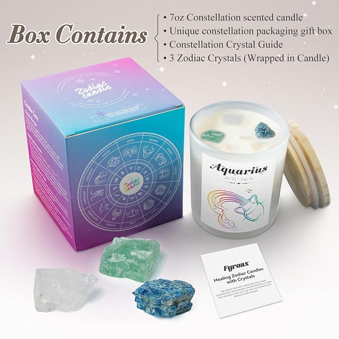 Aquarius Gifts for Women, Zodiac Aquarius Candle with Healing Crystals, Astrology Birthday Gifts for Women, Mom, Sister, Friends, Meditation, Yoga, Relaxation (7oz)