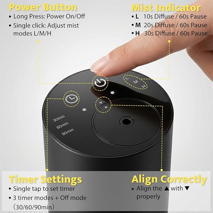Homease Waterless Essential Oil Diffuser, Portable Cordless Aromatherapy with 3 Timers & Mist Levels, Rechargeable for Home Car Office, Premium Metal Black