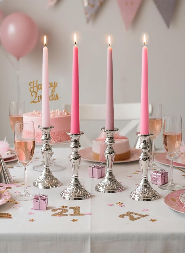 10" Classic Taper Candles, Muted Pink Shades, 4-Pack, 7-8 Hours Long Burning, Unscented Tall Candlesticks