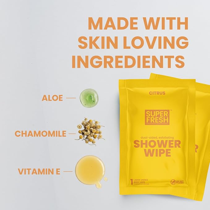Super Fresh Shower Body Wipes, Travel Essentials for Camping, Large Citrus Wipes for Adults, Women, Men, Kids Personal Hygiene Cloth Enriched with Aloe and Vitamin E, Individually Wrapped 20 Pack