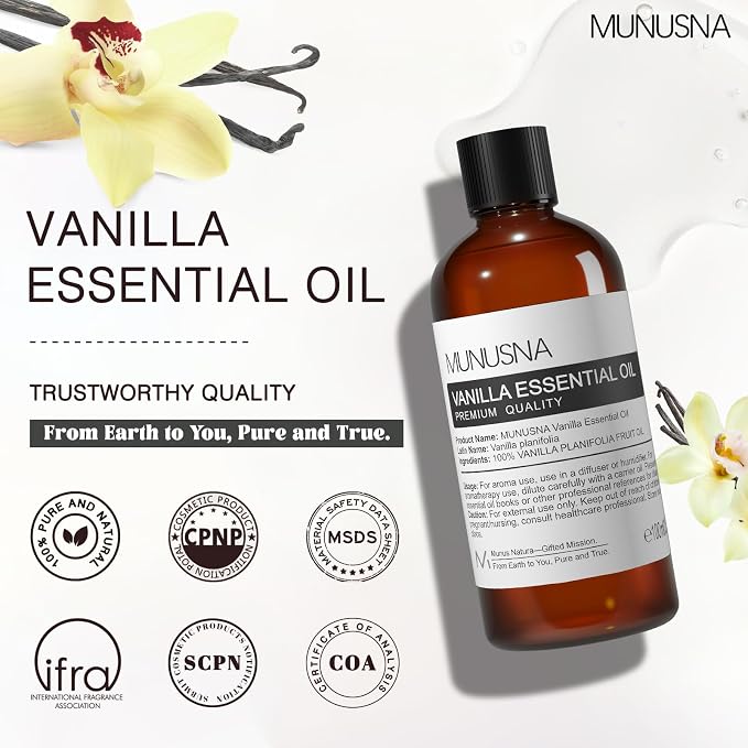 Vanilla Essential Oil, 100% Natural and Pure Vanilla Oil for Skin Care, 100ML Premium Grade Essential Oils Aromatherapy Scented Oils for Diffuser, Humidifier, Home, Candle Soap Making