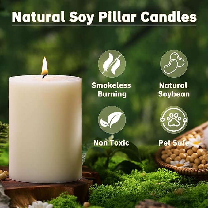 Soy Candles, Unscented White Soy Pillar Candles 3x4 Inch Non-Toxic Soybean Wax Candles 165H Long Burning Hand-Poured Pillar Candles for Wedding Table Home Decor, 3 Pack