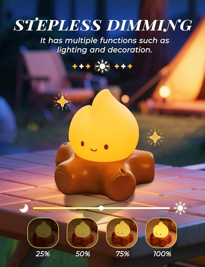 WANIDEA Fake Campfire Lamp, Ambient Lighting, Desk Accessories, Portable Rechargeable Night Light, Candlelight Mode Mood Lighting, Bedroom, Desktop, Camping Decor, Cute Gifts