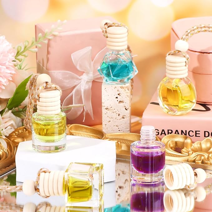 60 Pcs Hanging Car Air Freshener Car Diffuser Bottle Empty Glass Perfume Bottles Air Freshener Diffuser Bottle Pendant for Essential Oils Fragrance Aromatherapy Ornament Decor (Various Style)