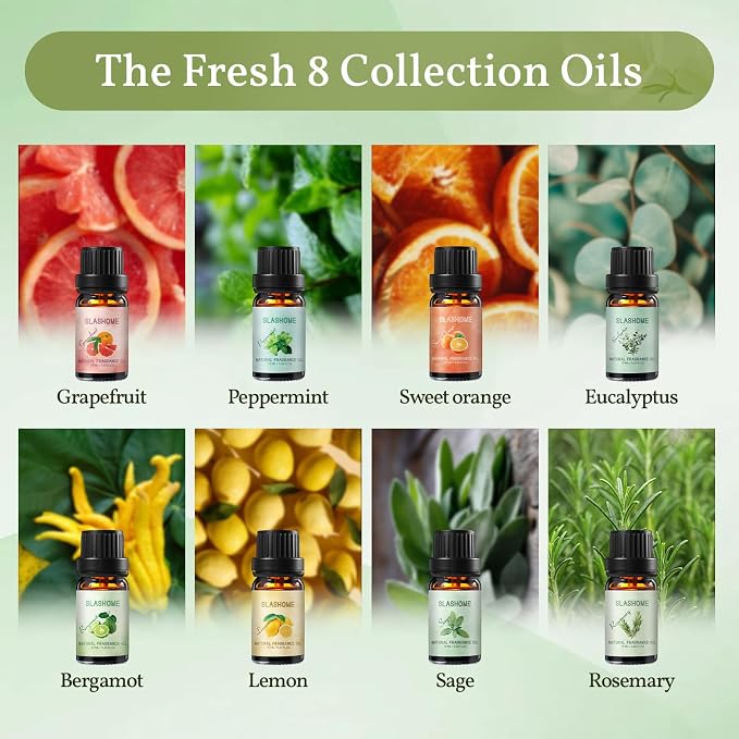 Fresh Essential Oils Set - 8 Pack Pure Aromatherapy Oils for Diffuser, Home Scents for Candle & Soap Making, Humidifier, Gift Set for Men & Women | Lemon, Peppermint, Rosemary, Eucalyptus & More