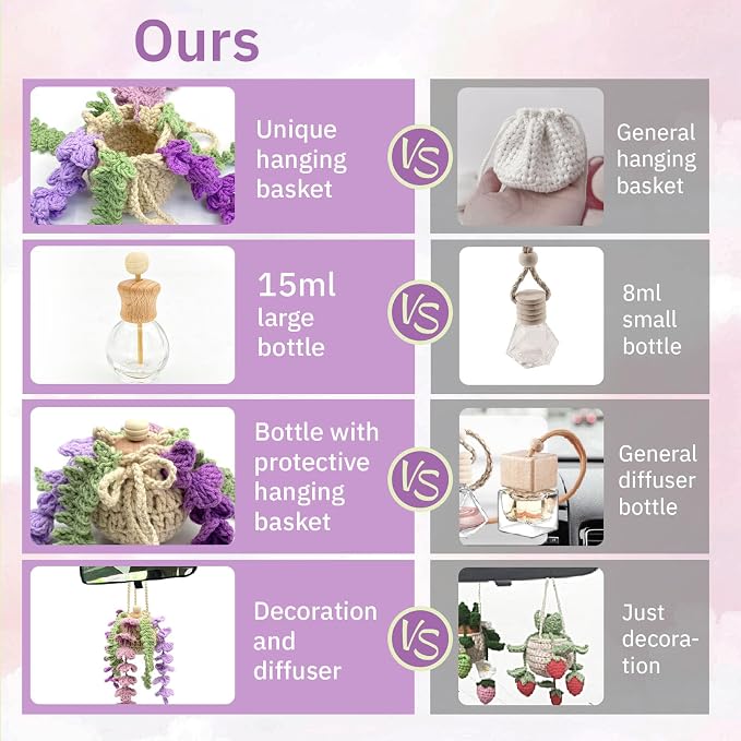 Crochet Car Air Freshener, 15ml Empty Refillable Oil Diffuser Bottle with Crochet Violet Hanging Plant for Car Rearview Mirror Decor, Handmade Home&Office Decor