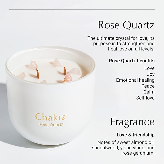 Rose Quartz Crystal Candle, 12oz Soy Wax Aromatherapy for Meditation & Stress Relief, Dual Crackling Wood Wicks, 6 Authentic Crystals Inside, Spiritual Healing Gift for Women, Chakra Balancing