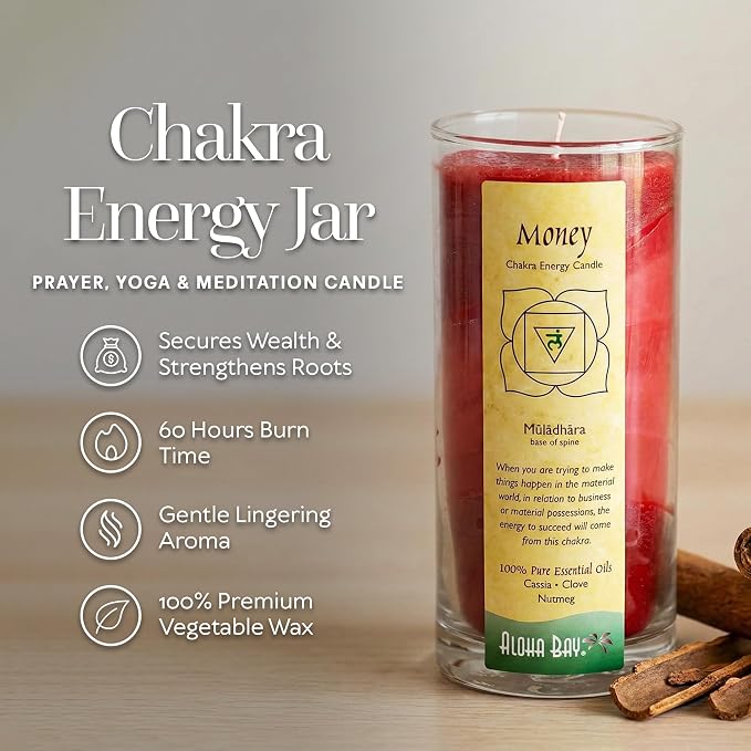 Premium Scented Candle Hand Made Chakra Energy Jar | 11 Oz Jar | Money, Muladhara| Yoga, Prayer & Meditation Candle | Long Burn 60 Hours | Essential Oils of Cassia, Clove & Nutmeg | Aloha Bay