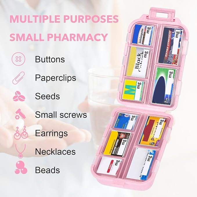Large Travel Pill Organizer with 189 Medicine Labels, 10 Compartments Portable Small Pill Case Daily Medicine Storage Container for Purse, Car, Airplane and Vacation Trave 3 Pack