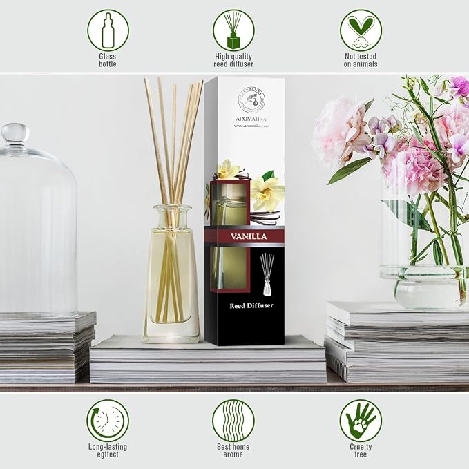 Reed Diffuser with Natural Essential Oil Vanilla 3.4 Fl Oz (100ml) - Scented Reed Diffuser - Gift Set with Bamboo Sticks - Best for Aromatherapy - SPA - Home - Office - Fitness Club