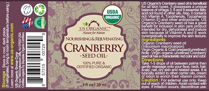 US Organic Cranberry Seed Oil, USDA Certified Organic,100% Pure & Natural, Cold Pressed Virgin, Unrefined in Amber Glass Bottle w/Glass Eyedropper for Easy Application (1 oz (30 ml))