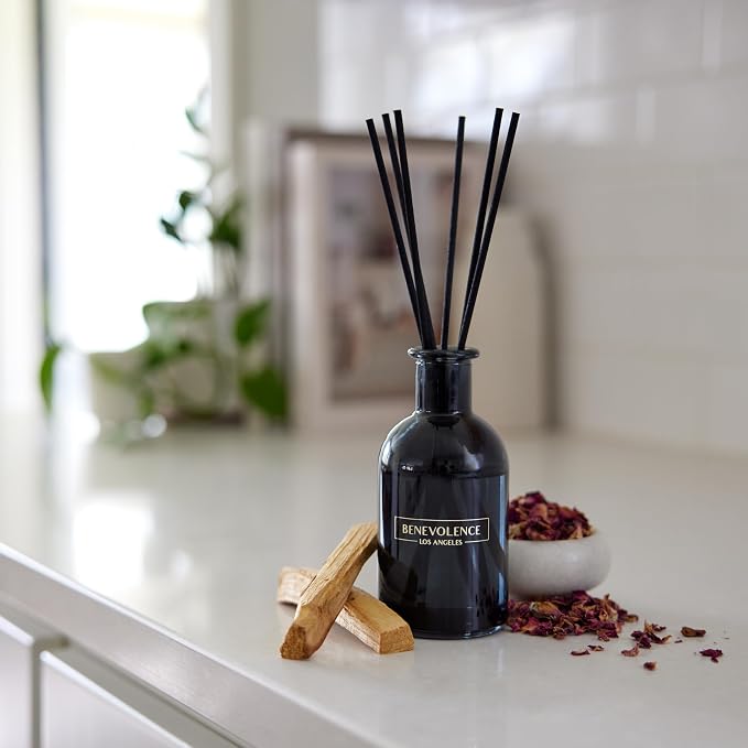 Benevolence LA Premium Rose & Sandalwood Reed Diffuser Set – Essential Oil Diffuser for Home & Bathroom – Up to 120-Day Fragrance with Rattan Sticks & Gift Box – Charcoal Glass Room Décor