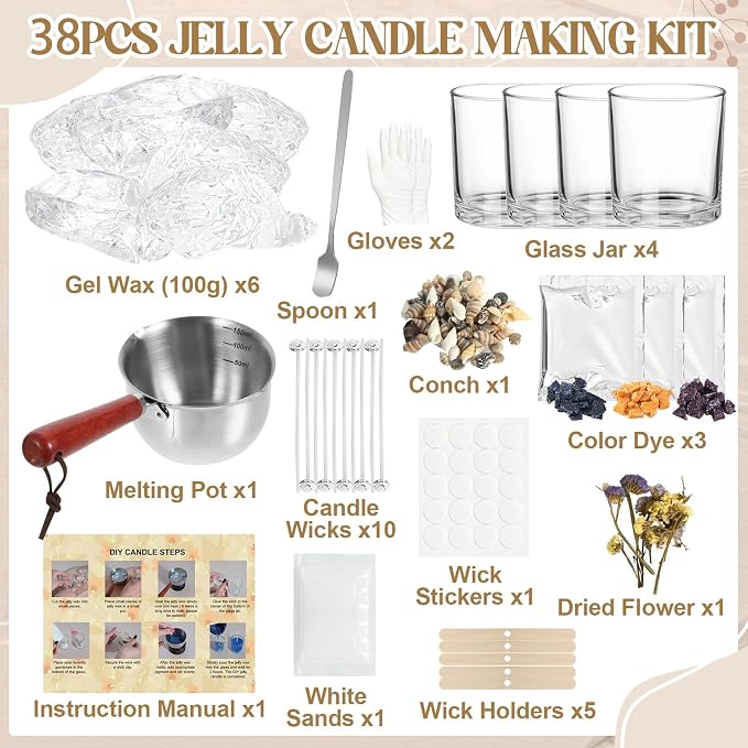 Jcoos Jelly Candle Making Kit, DIY Jelly Wax Melts, Candle Making Kit for Adults, 1.5 lb Gel Wax for Candle Making, Candle Wick, Dried Flowers, Conch, Sand, Dye, Crafting Valentine's Day Gift