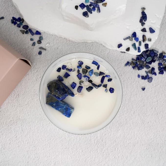 Lazurite Crystal Candle – 10oz / 280g | Amber Ocean Aromatherapy | Hand-Poured Soy Wax | Genuine Lapis Lazuli Healing Crystals Embedded | Power, Wisdom & Luck | Gift Box Included