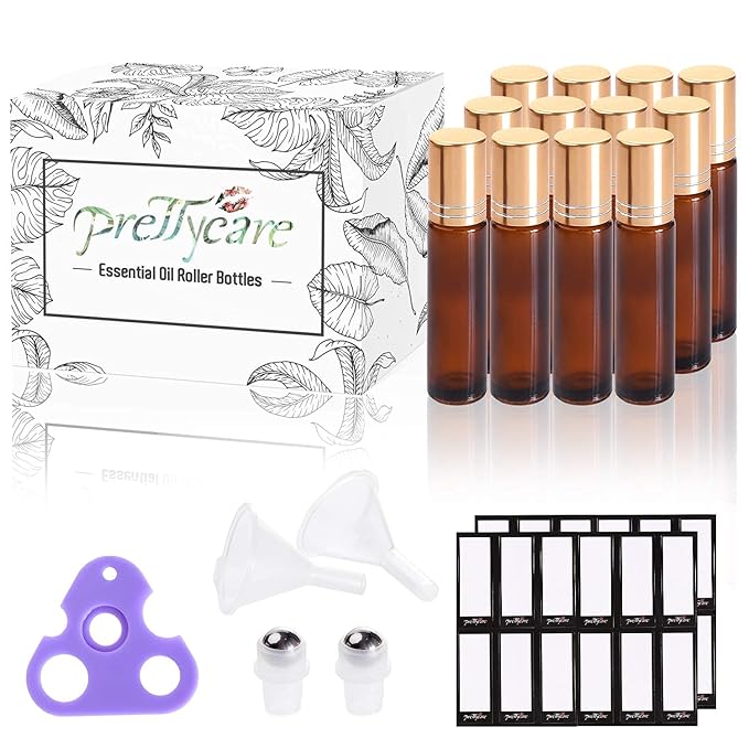 PrettyCare 12 Pack, 10 ml Essential Oil Roller Bottles with Stainless Steel Roller Ball - Refillable Leak-proof Empty Thick Amber Glass Roll on Bottles with Metal Caps for Travel, Perfume