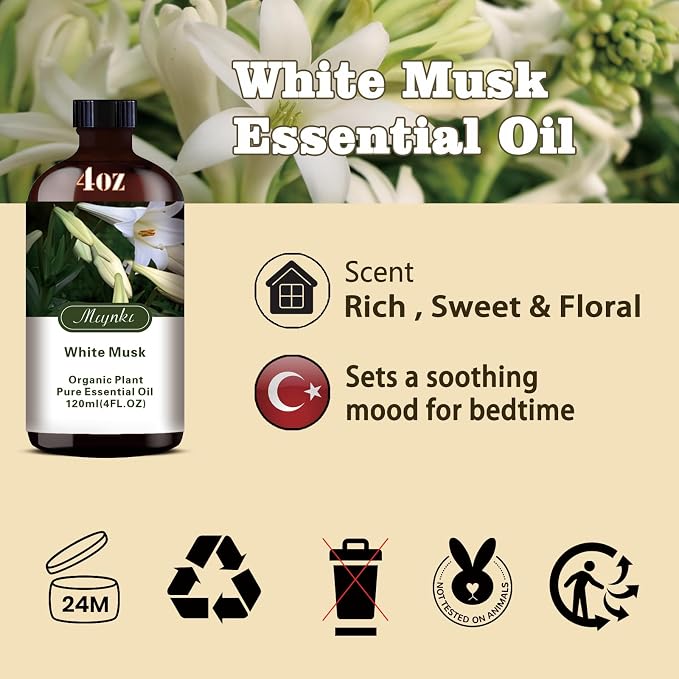 White Musk Essential Oil, White Musk Oil for Diffuser, Humidifier, Massage, DIY Candle, Soap, Skin Care, Yoga, Gift Ready,White Musk Fragrance Oil - MLYNKL Essential Oils (4.33 fl oz / 130ml)