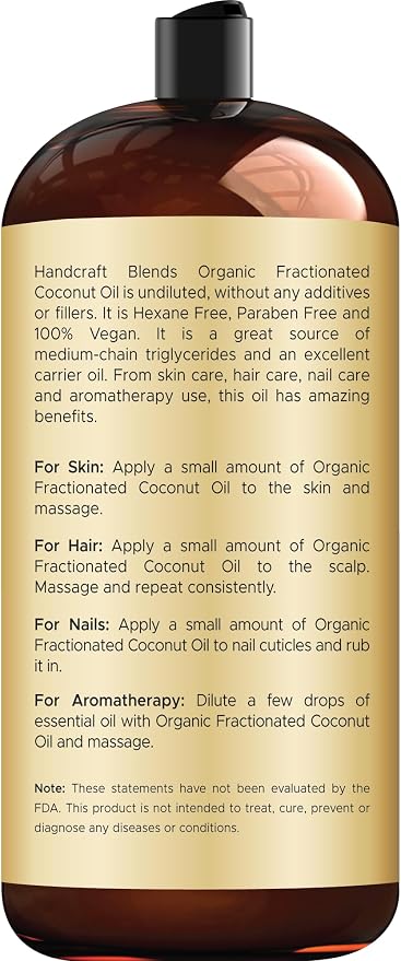 Handcraft Blends Organic Fractionated Coconut Oil | 100% Pure and Natural | Bath & Body Oil | Premium Grade Carrier Oil | Skin | Hair | Body | Massage | Hexane-Free | 28 Fl Oz