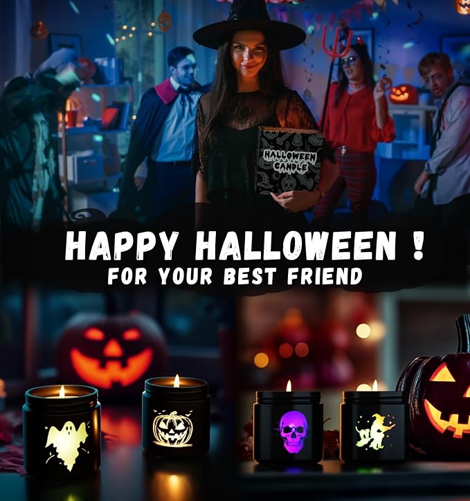 Halloween Decor Indoor-4 Pack Candles Set, LED Scented Candle,Halloween Gifts with Pumpkin|Skull|Ghost|Witch|, 80H Lasting Burn Candles for Home Decorations Indoor