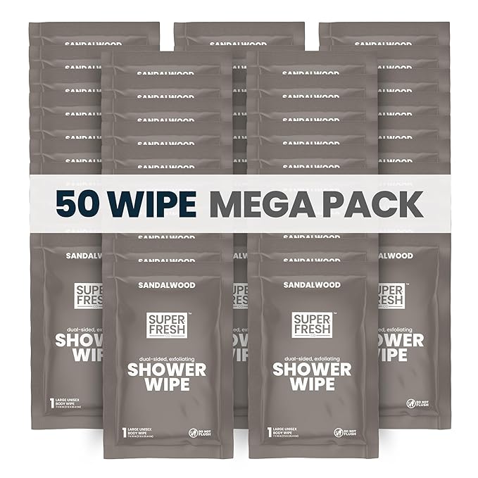 Super Fresh Shower Body Wipes, Travel Essentials for Camping, Large Sandalwood Wipes for Adults, Women, Men, Kids Personal Hygiene Cloth Enriched with Aloe and Vitamin E, Individually Wrapped 50 Pack