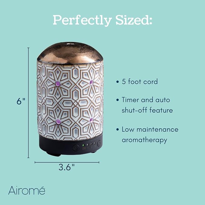 Airome Ceramic Essential Oil Diffuser with Timer|100 mL Humidifying Ultrasonic Aromatherapy Diffuser 8 Colorful LED Lights, Two Mist Modes, Timed Shut-Off, Geometric