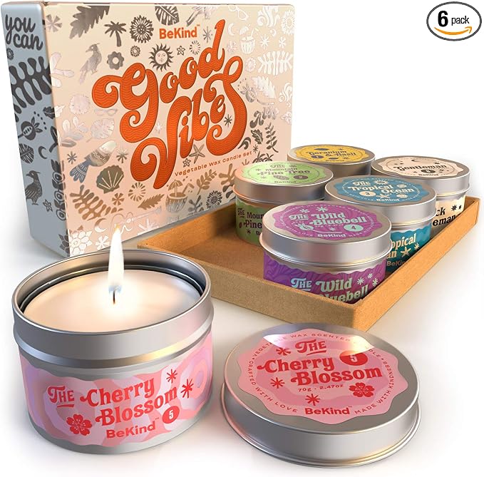 Bekind Good Vibes 6 Scented Candles Set - Scented Candles for Home, Relaxing Stress Relief, Aromatherapy - Natural Soy Wax and Fragrance - Gifts for Women, Mom, Best Friend, Wife, Birthday