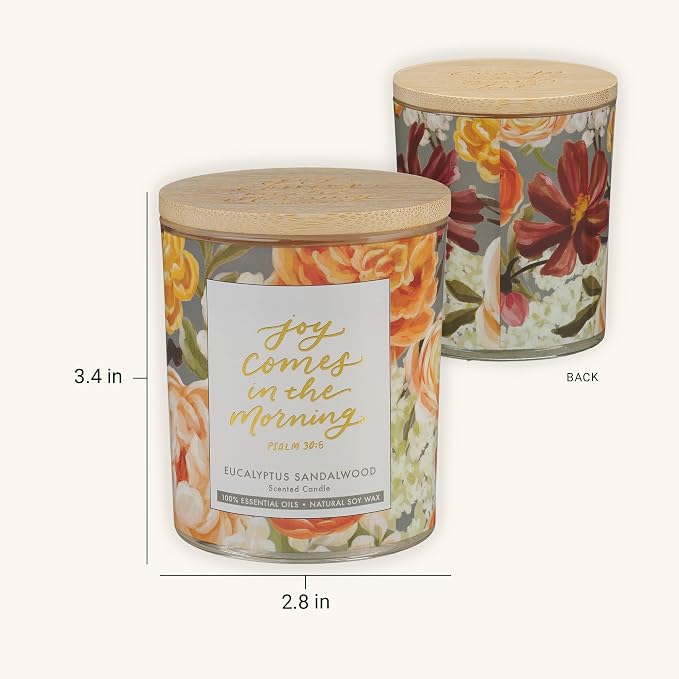 Christian Art Gifts Soy Wax Scented Candle: Eucalyptus Sandalwood Scent, Joy Comes in the Morning Bible Verse, Pure Essential Oil, 4.5oz, 20 Hours Burn Time, Glass Jar w/Bamboo Lid, Encouragement Gift