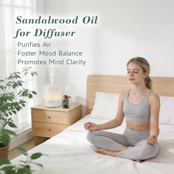 Sandalwood Essential Oil, Pure Mumianhua Natural Woody Aroma for Bedtime Serenity & Evening Wind‑Down, Meditation, Diffuser, Pillow Mist, Skin, Candle Making – 3.38 Fl Oz
