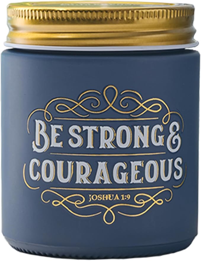 Christian Art Gifts Soy Wax Scented Candle: Strong & Courageous Bible Verse, Fireside Blue Spruce Scent, Pure Essential Oils, 4.5oz, Up to 20 Hours Burn Time, Glass Jar w/Metal Lid, Encouragement Gift