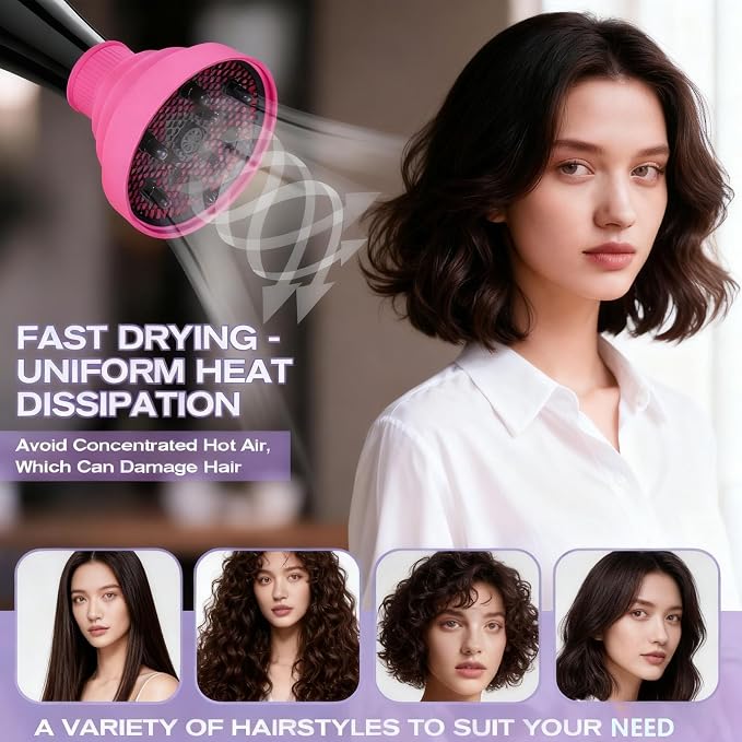 Universal Silicone Hair Dryer Diffuser Attachment, Collapsible & Portable Blow Hair Diffuser for Curly/Wavy Hair Travel Use, Lightweight Folding Fits 1.57-1.99" Nozzles for Salon Home (Rose Red)