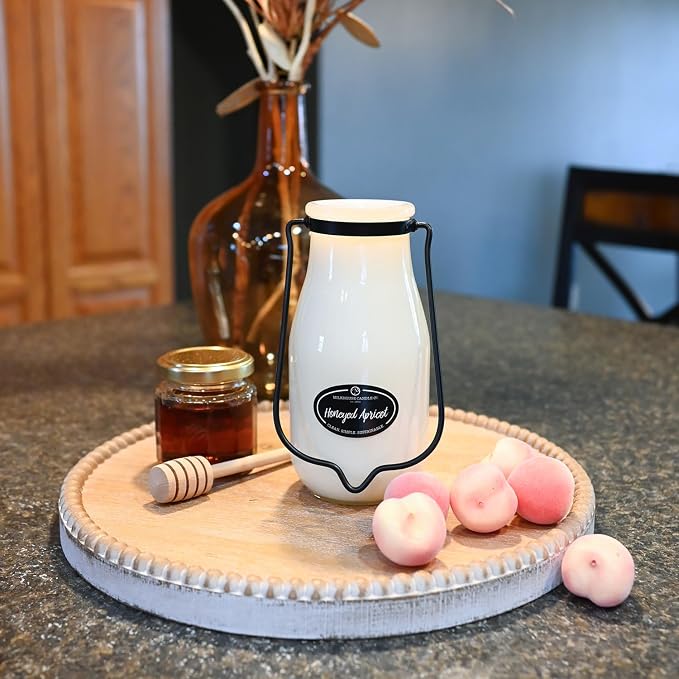 Milkhouse Candle Company Honeyed Apricot Soy Candle - Apricot | Honey | Tonka Bean Scented - 14 oz Milkbottle with Lid, 90+ Hour Burn Time, Made in the USA