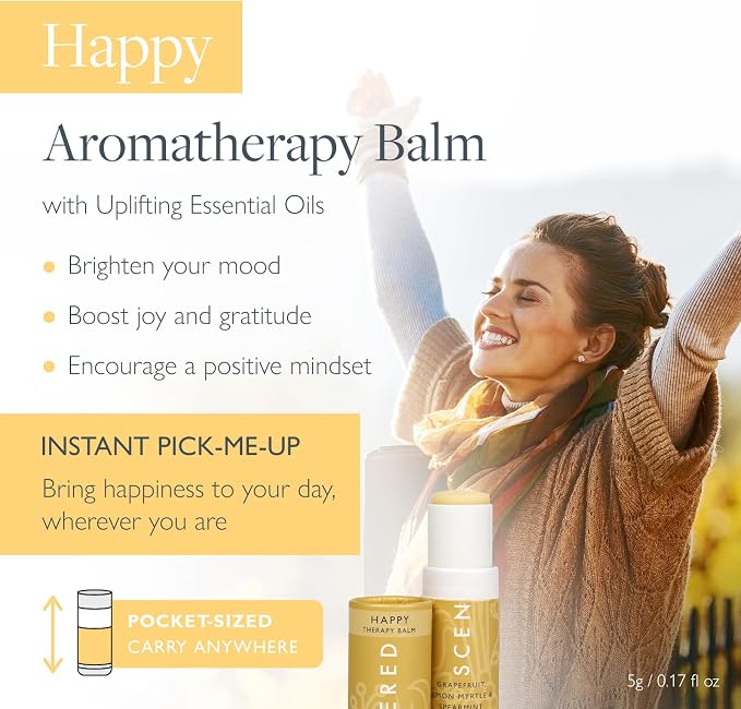 Scentered Aromatherapy Happy Balm Christmas Stocking Gift for Positivity & Gratitude - Essential Oils Roll On with Lemon & Grapefruit - Self-Care Stocking Stuffers for Women