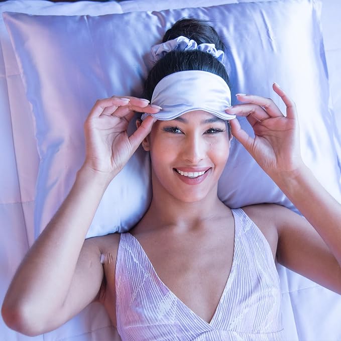 Vegan Silk Sleep Set – Satin Pillowcase, Eye Mask & Large Scrunchie for Hair and Skin – Frizz Free Beauty Sleep & Self Care Night Routine – Purple