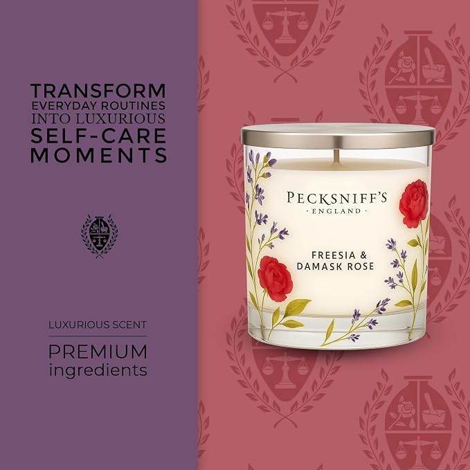 Pecksniff’s 1 Wick Candle – Freesia & Damask Rose, 184 g / 6.49 oz – Long Lasting Burn, Elegant Home Decor & Relaxing Ambiance