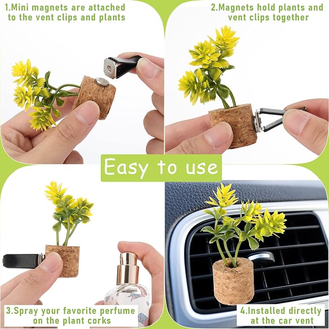 4 Piece Cute Succulents Car Air Freshener Vent Clip Car Plant Vent Decor Essential Oil Diffuser Artificial Plant Accessory