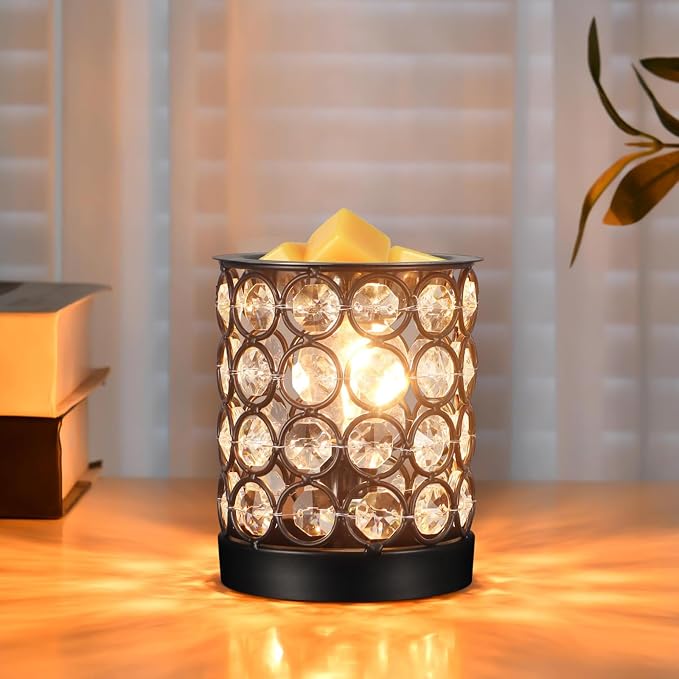 Crystal Wax Melt Warmer Candle Wax Warmer for Scented Wax 2 in 1 Wax Melts Fragrance Warmer Wax Cubes Melter Home Office Deco Night Light Valentines Day Birthday Gifts for Women Mom Girl(01-Black)