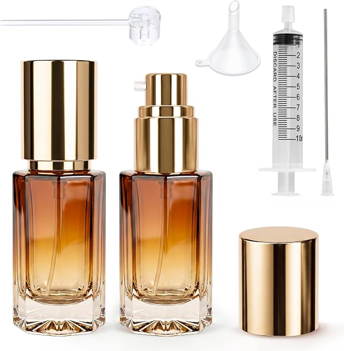 1oz Travel Pump Bottle, 30ml Gradient Glass Liquid Dispensing Bottle with 3 Transfer Tools, Leak-Proof Small Refillable Makeup Containers for Toiletries, Lotion, Essential Oils (Coffee Gradient)
